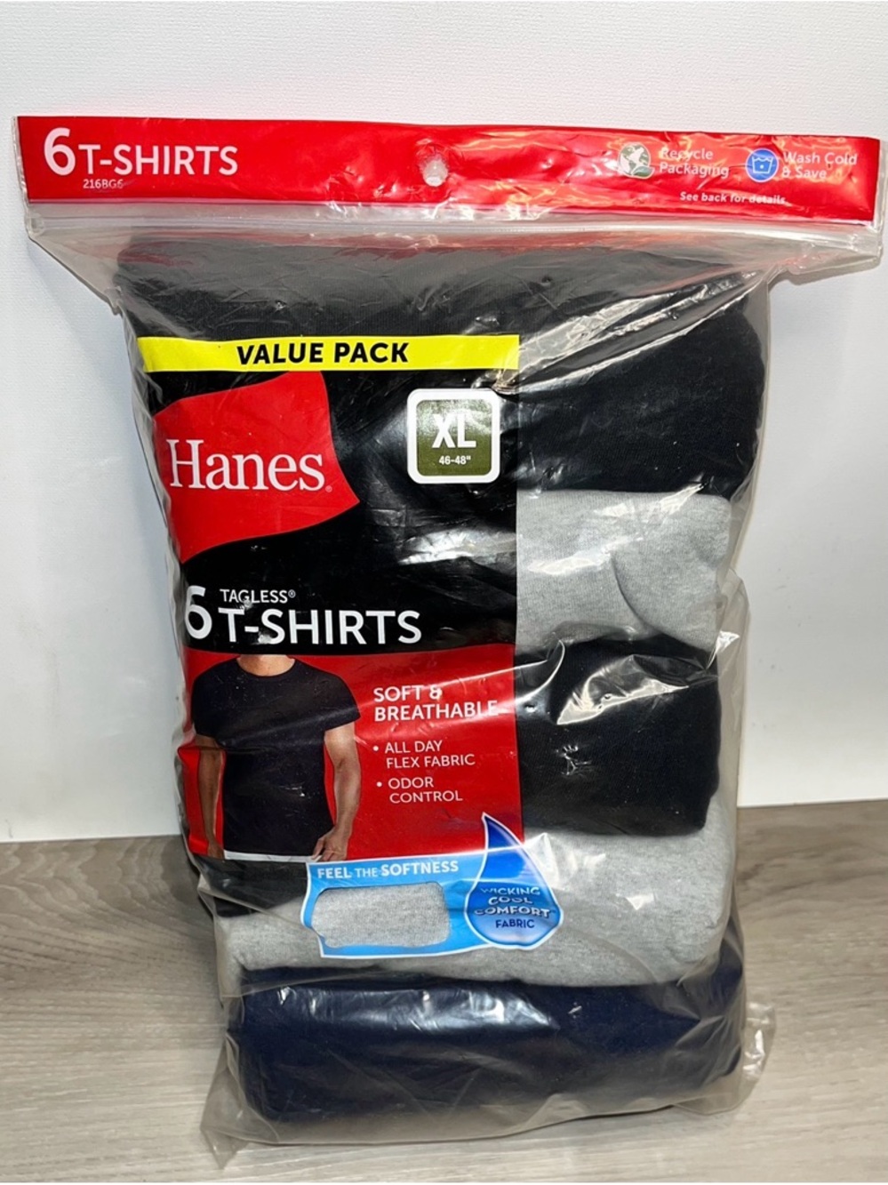 Hanes 6-Pack Crew T-Shirts - Black, Gray, Navy XL